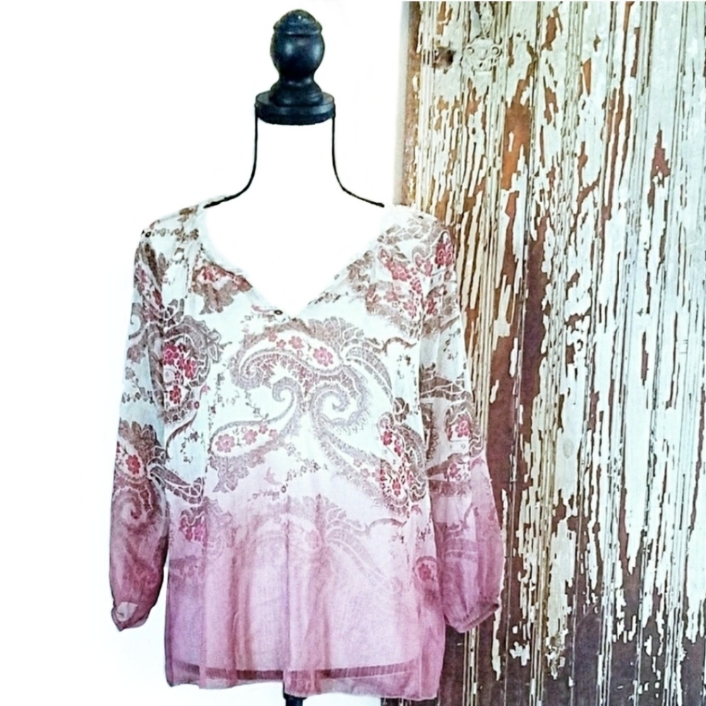 Sonoma Sheer Peasant Top Burgundy Paisley Size S